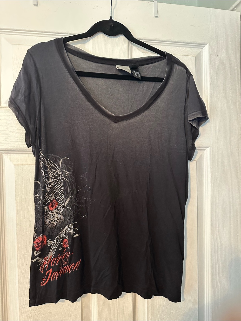 Harley-Davidson Black V-Neck Tee with Red Rose & Gray Wing Graphic